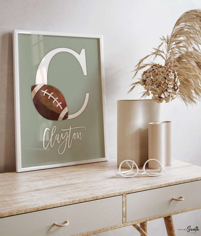 Green sports collection print set boys name, sports theme wall, sports art personalized gift, light green baseball football kid wall art boy