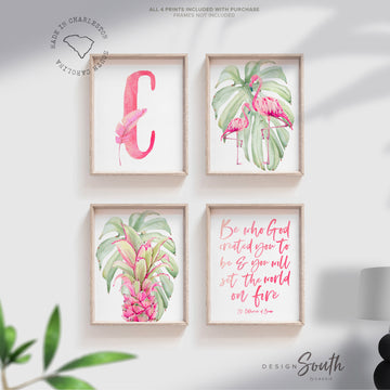Be who God created you to be and you will set the world on fire St. Catherine of Siena quote art print, flamingo pineapple, tropical nursery