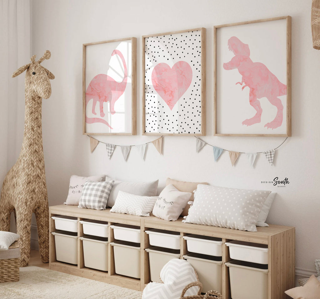 Girl dinosaurs hearts rainbows, girl pink dinosaur themed nursery, girl dinosaur bedroom wall art, pink dinosaurs, 6 girly dinosaur prints