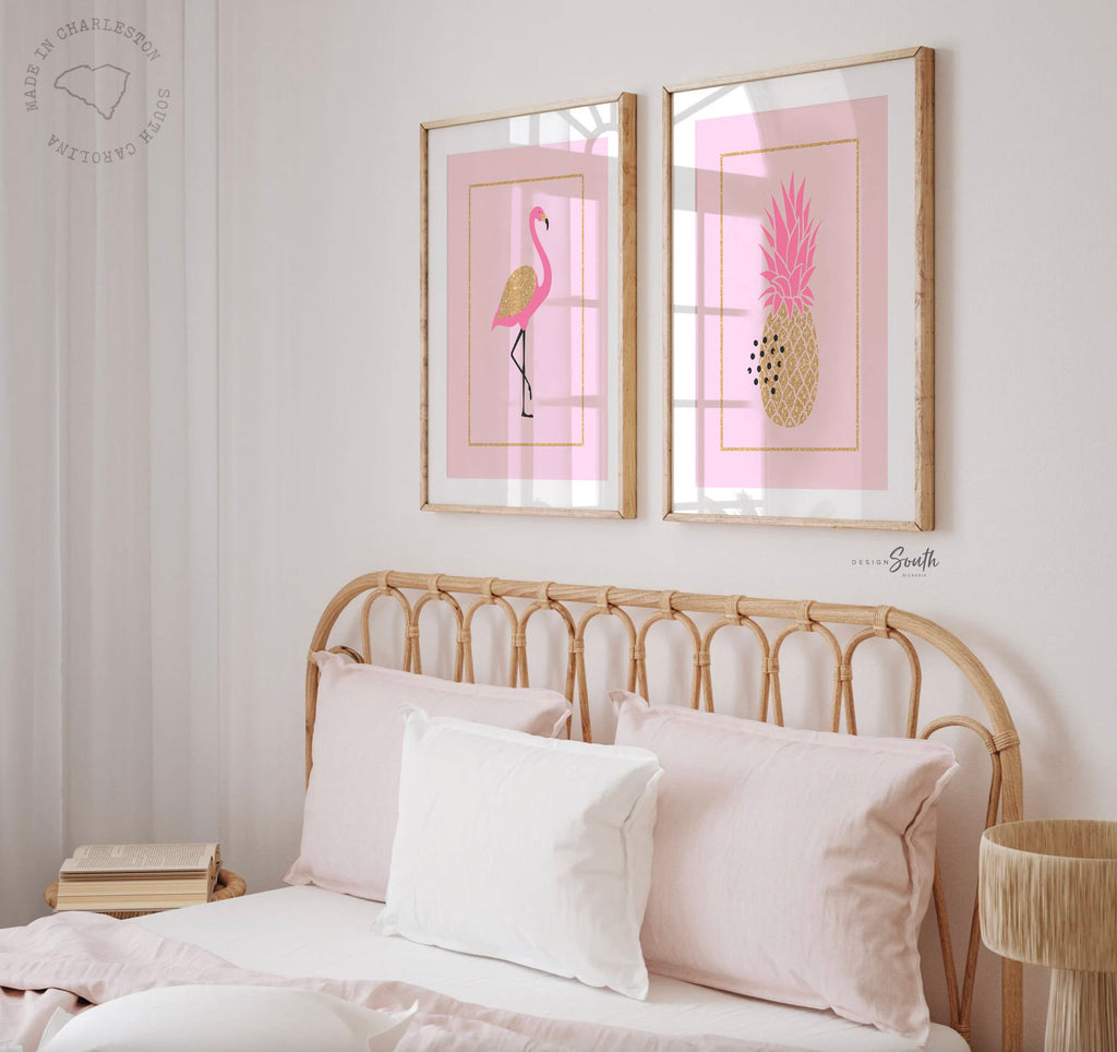 Aloha baby, pink and gold flamingo nursery, pink flamingo nursery, girls tropical name art, pink and gold room decor, baby girl flamingo art