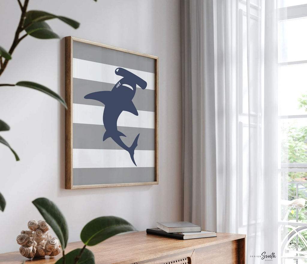 Boys room sharks, toddler shark room, shark decor, shark art, playroom decor ideas, bathroom shark decor, shark art prints for bathroom wall