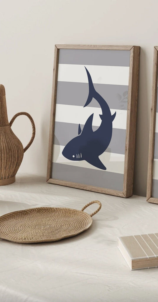 Shark bathroom, wash brush floss flush, boys bathroom prints, orange and navy blue boys shark bathroom decor, sharks orange gray navy blue