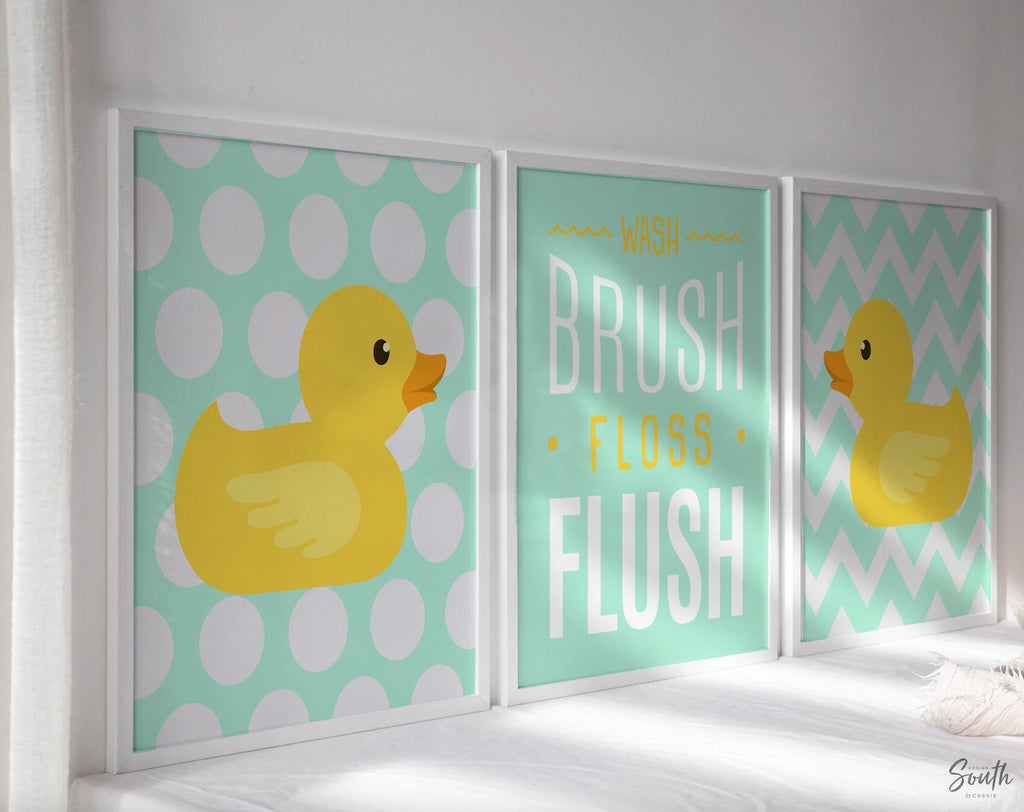 Bathroom wall print for children, mint green kids bathroom decor, wash, brush, floss, flush, bathroom prints for boys girls, rubber duck art