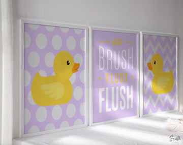 Girls bathroom decor lilac, yellow rubber duck bathroom wall art prints, wash brush floss flush, purple and yellow bathroom, baby bathroom