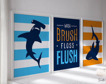 Boys bathroom decor, shark bathroom, wash, brush, big boy bathroom, sharks boys bathroom, shark theme bathroom, ocean, orange and blue decor