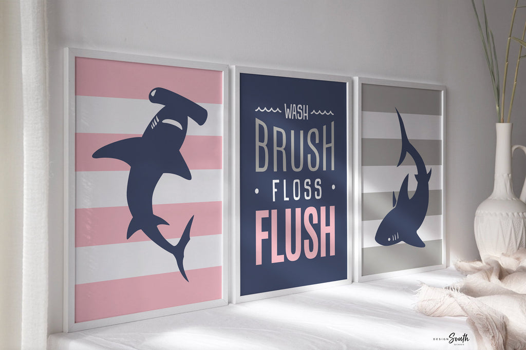 Nautical baby decor, girls nautical bathroom, girls pink sharks, pink and gray, shark theme girls, pink navy shark wall art prints, pink art
