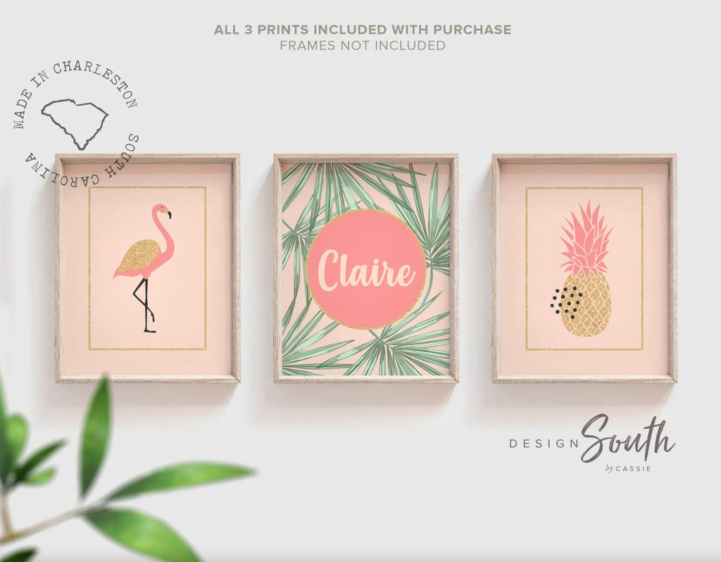 Coral gold flamingo nursery decor, girls nursery decor coral and gold, tropical nursery theme, girls tropical bedroom, wall decor coral gold