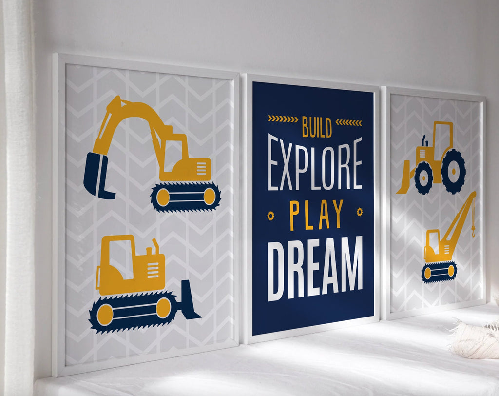 Build explore play dream, big boy bedroom construction, digger prints, digger wall art, boys construction theme bedroom, boys bedroom decor