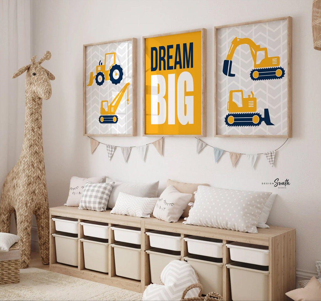 Construction prints, trucks, construction nursery, digger, bulldozer, boys nursery decor, yellow and gray art, art prints, boys construction