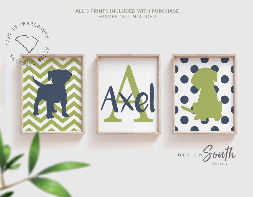 Navy blue and green puppy dog nursery decor, kids dog theme decor, bedroom ideas for boy, navy blue green boy monogram, playroom wall art