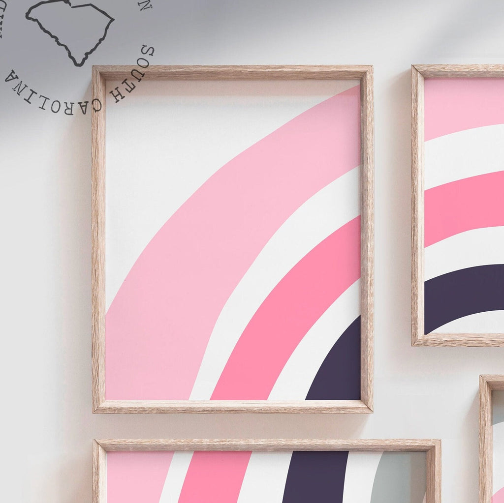 Pink nursery decor, pink gray rainbow art, little girl toddler bedroom decor ideas, pink rainbow playroom, baby girl nursery decor in pink