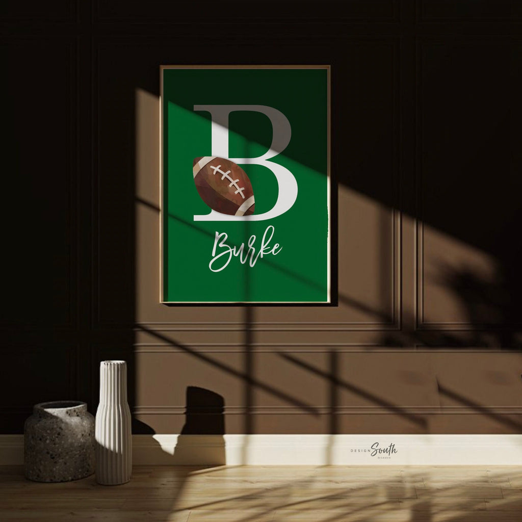 Green gray sports theme, little boys name gift, sports wall art, athlete baby boy gift, artwork above bed sports theme, basketball football