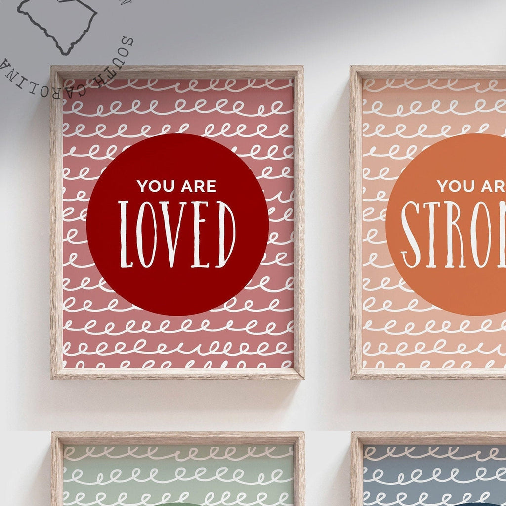 Loved strong kind smart brave unique art print set, boho colors kids room, inspiring prints, muted earthy colors, playroom neutral muted kid