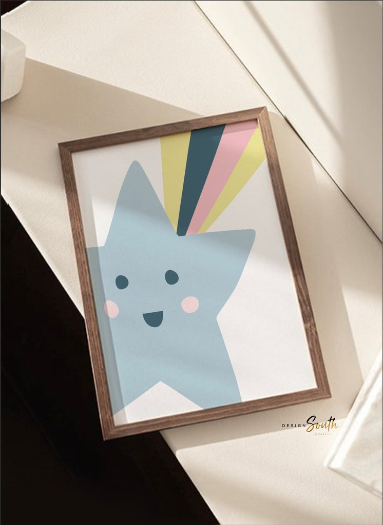 Trendy pastel nursery, shooting star wall art, nursery kids bedroom decor star cloud sun, neutral pastel newborn, sunshine nursery print set