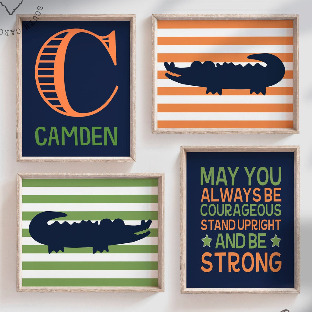Alligator nursery decor, orange navy blue and green, quote for boys, boys alligator nursery, personalized name decor, gator prints boys wall