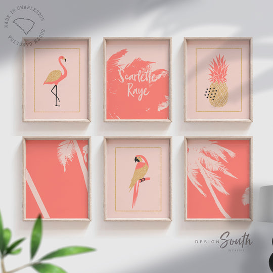 Coral palm tropical nursery decor, girls name coral pink flamingo prints for child's room, coral pink and gold, wall art for girl's bedroom