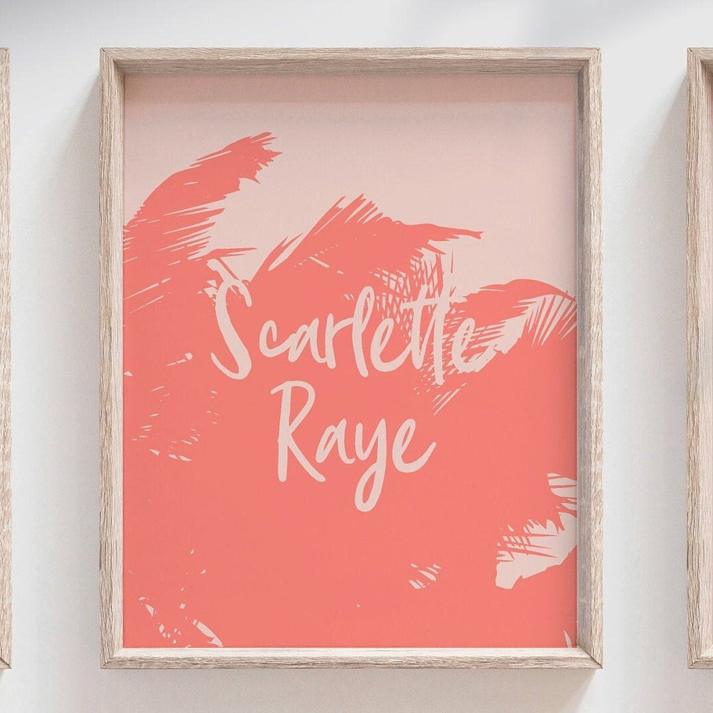 Coral palm tropical nursery decor, girls name coral pink flamingo prints for child's room, coral pink and gold, wall art for girl's bedroom
