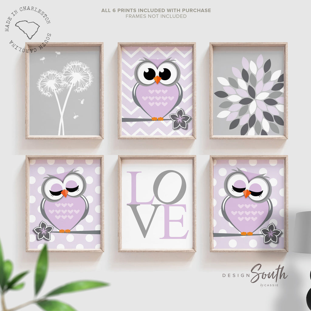 Owl nursery decor, baby girls owl nursery wall art, girls room decor, coral and gray decor for nursery, love decor, dandelion decor, flower