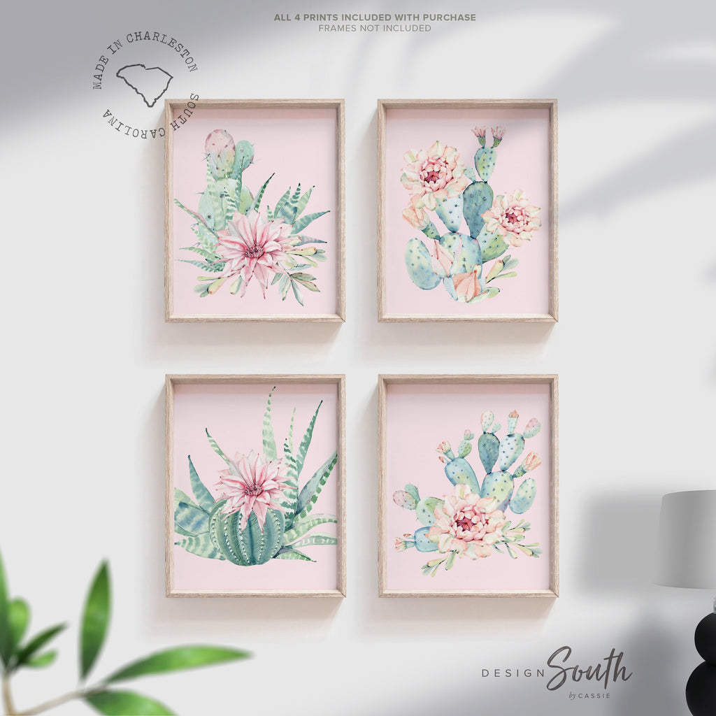 Baby girl boho cactus nursery, walls pink floral cactus prints, set of 4 flower prints, desert theme cactus bloom art, nursery succulents