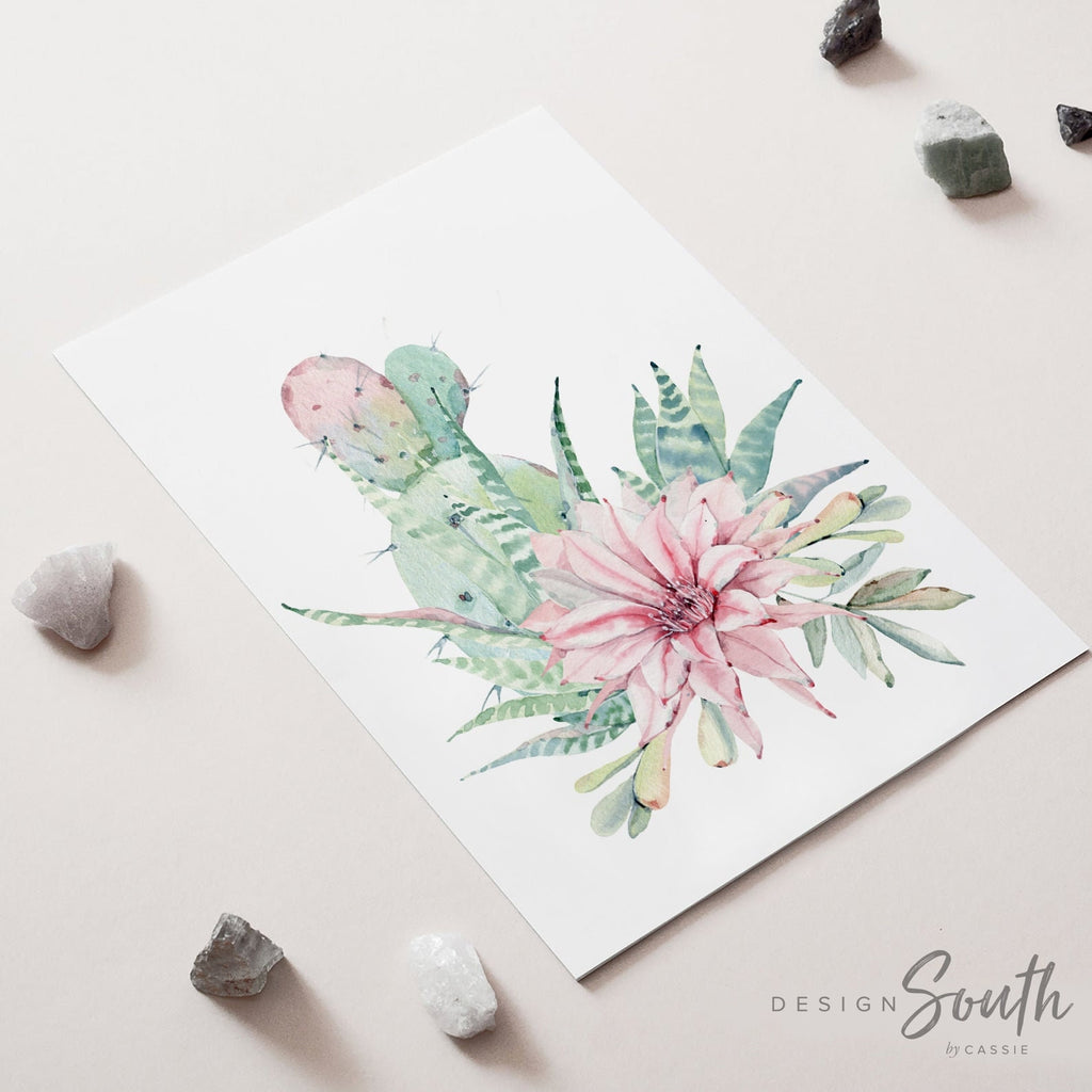 Baby girl boho cactus nursery, walls pink floral cactus prints, set of 4 flower prints, desert theme cactus bloom art, nursery succulents