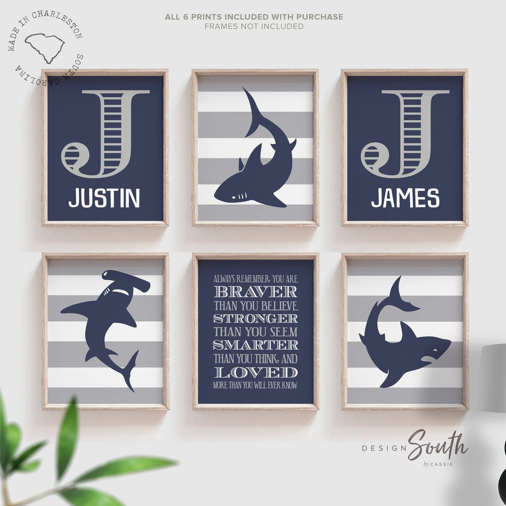 Sibling boys shark themed wall art, sibling decor baby boy art sharks, twin boys nursery art navy blue and gray, brothers bedroom decor idea