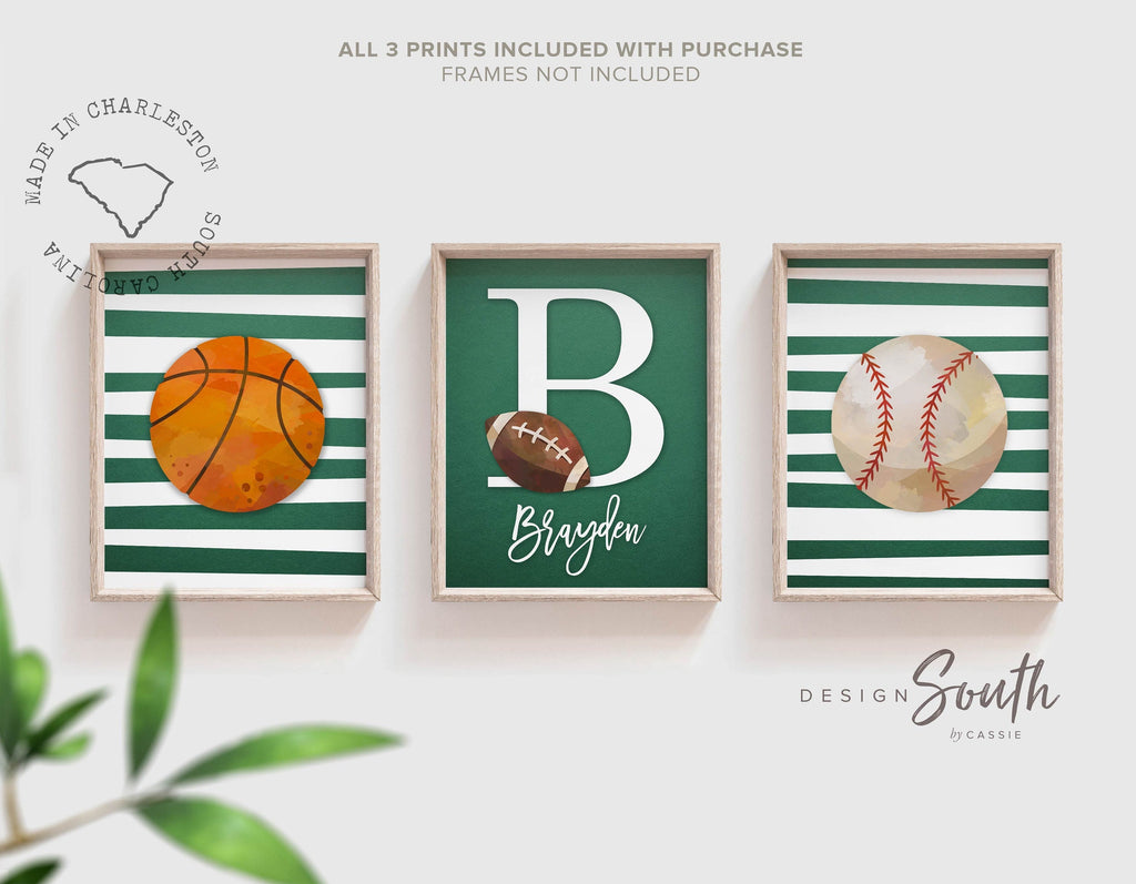 Sports nursery decor, sports art boys room, kids bedroom personalized sports prints, artwork above crib sports theme, sports boys monogram