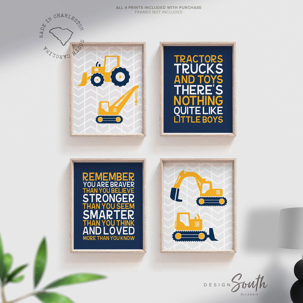 Tractors Trucks & Toys Theres Nothing Quite Like Little Boys, Remember You Are Braver, digger art print, construction trucks room wall decor