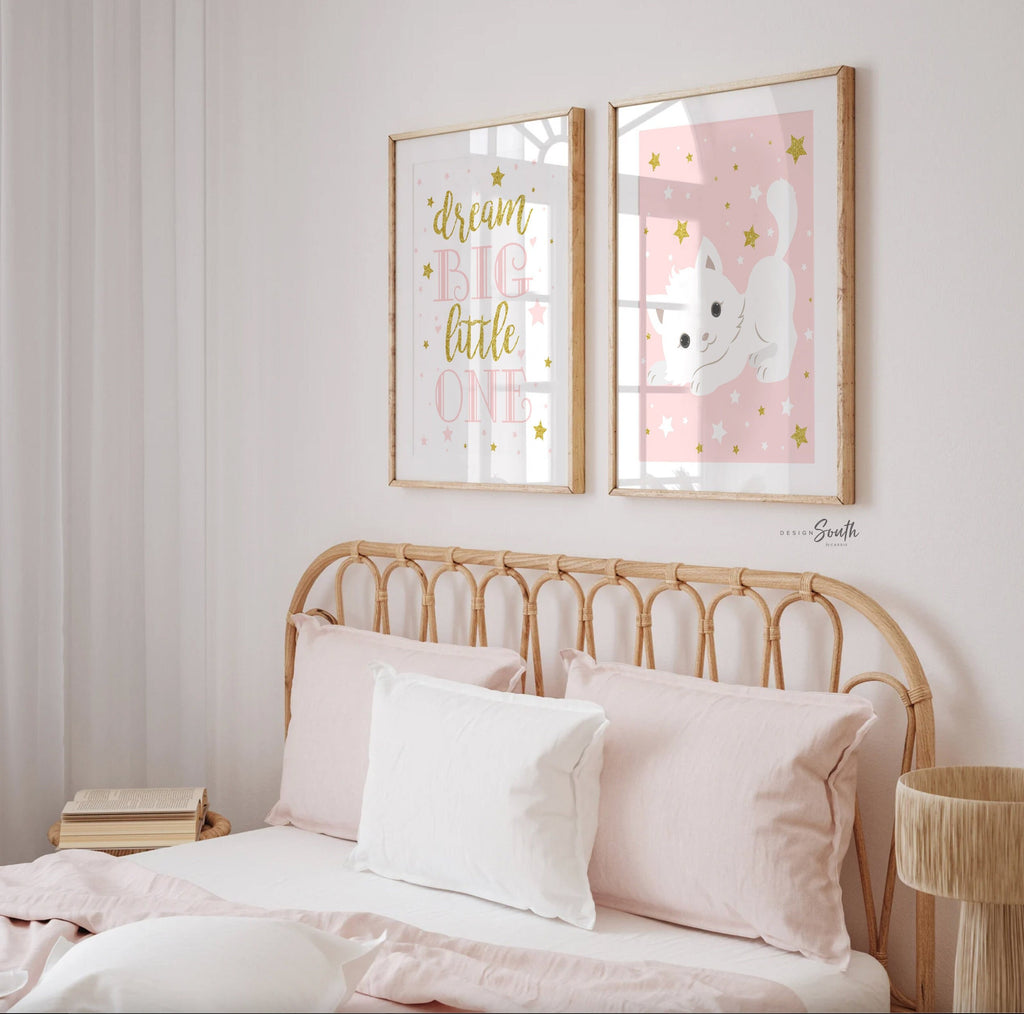 Pink kitty cat, pink nursery decor kitty cat theme, baby girl pink kitten art, dream big little one cat lovers meow kitty, kitten wall decor