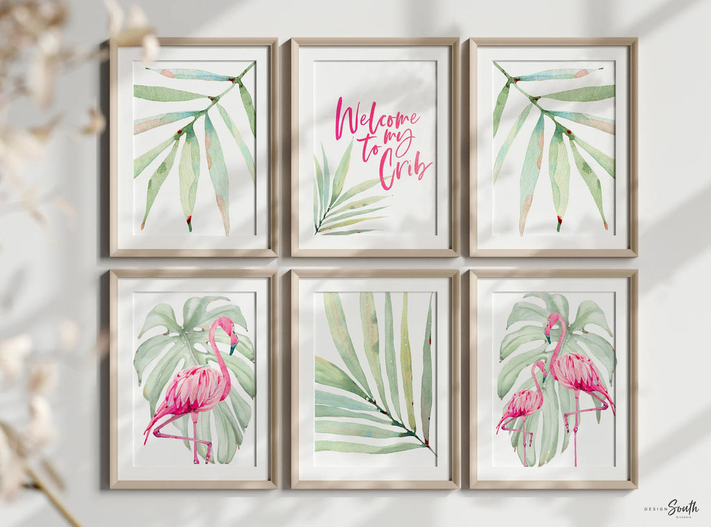 Girls nursery decor, tropical leaf flamingo decor, girls nursery tropical theme, girls bedroom theme, pink tropics nursery flamingo baby art