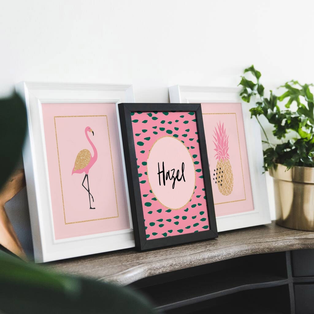 Nursery prints flamingo decor, pink and gold girls wall decor, flamingo tropical art set, pink gold pineapple nursery, personalized nursery