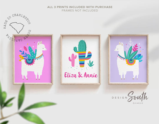 Llama theme bathroom two girls, sister llama wall art, gift for sisters girls names personalized, llama wall art print, pink purple bathroom