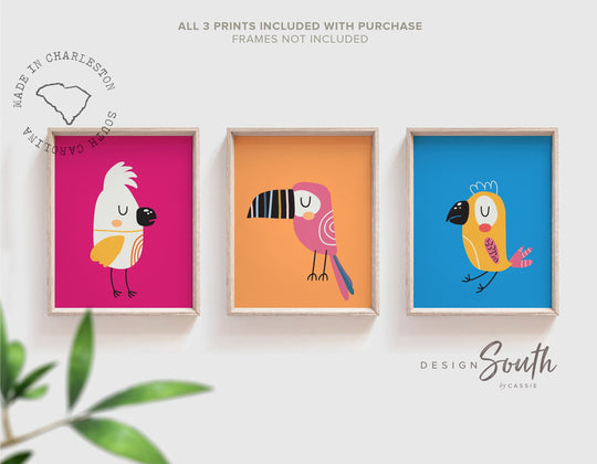 Toucan bird prints, wall art tropical bird, pink tropical wall art, pink yellow green bright tropical art, modern trendy bright art set of 3