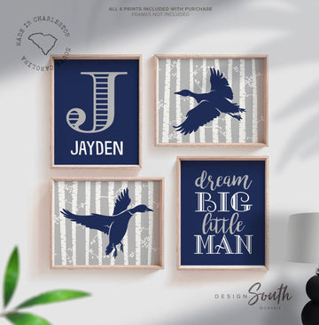 Duck nursery decor, navy blue and gray, duck art prints, duck, dream big little man, personalized nursery decor, name print, navy, gray, art