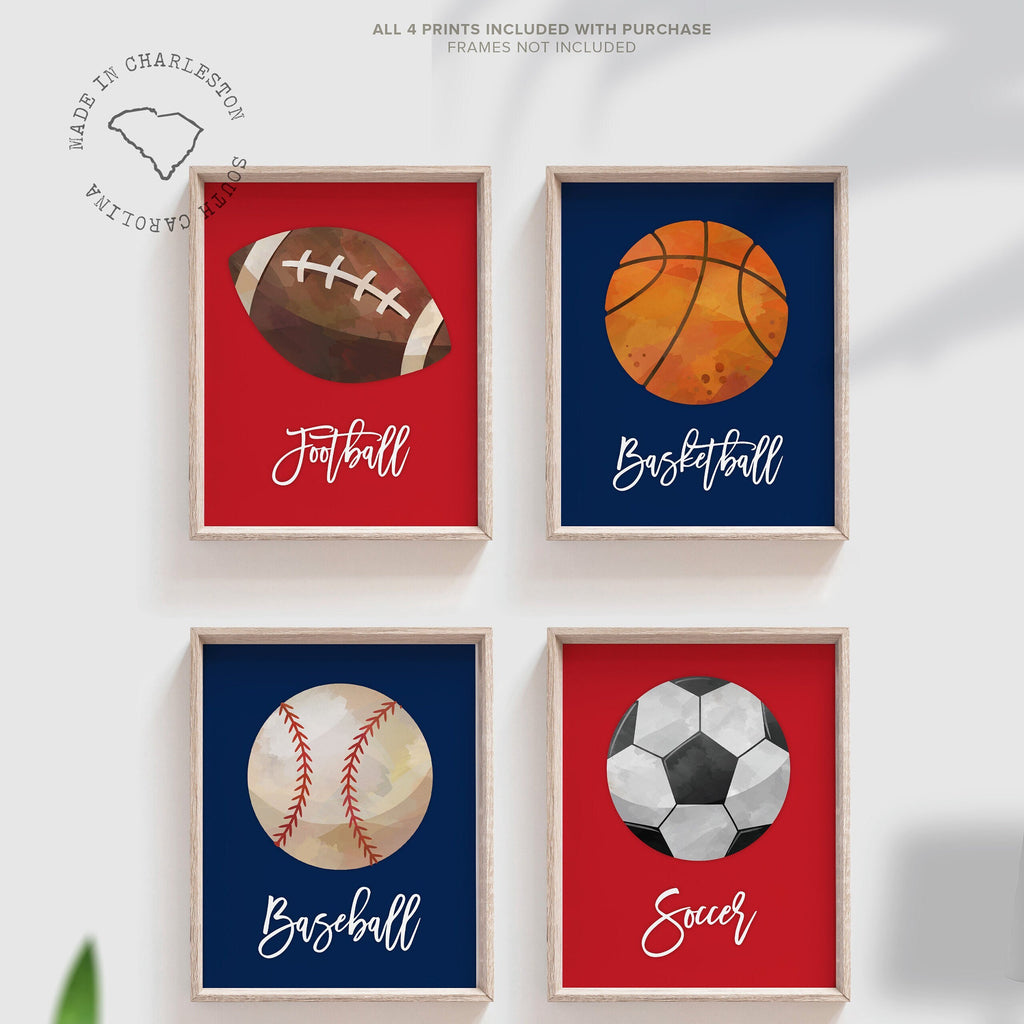 Red and navy blue boy sports decor, baby shower sports theme gift, basketball baseball soccer football wall art prints, boy bedroom red blue