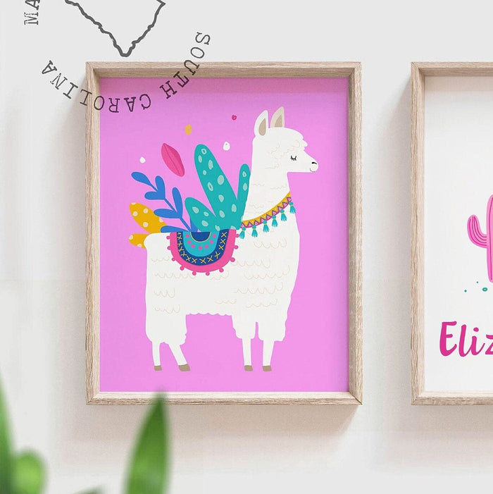Llama theme bathroom two girls, sister llama wall art, gift for sisters girls names personalized, llama wall art print, pink purple bathroom
