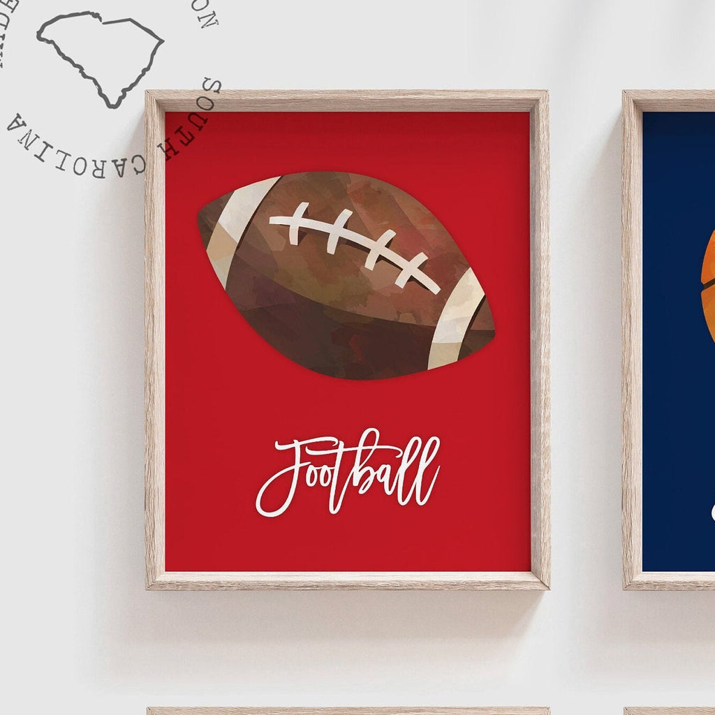 Red and navy blue boy sports decor, baby shower sports theme gift, basketball baseball soccer football wall art prints, boy bedroom red blue