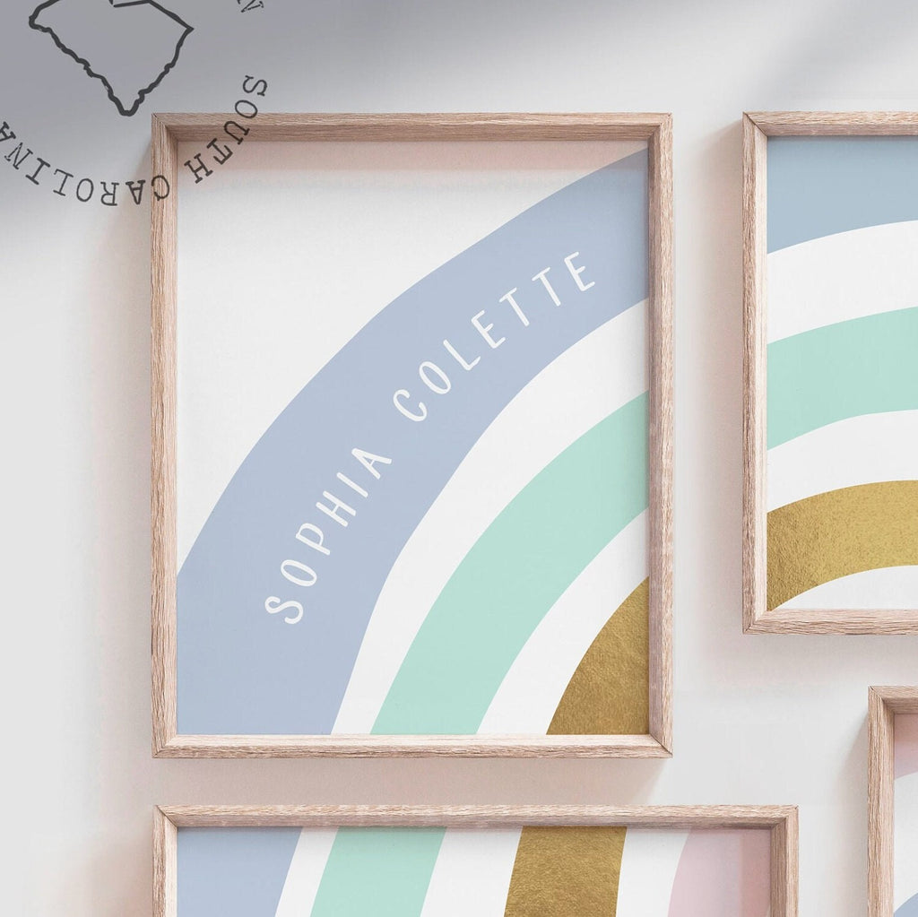 Blue aqua and gold nursery bedroom baby room decor, nursery girl's name art prints, wall art rainbow themed blue gold, personalized nursery