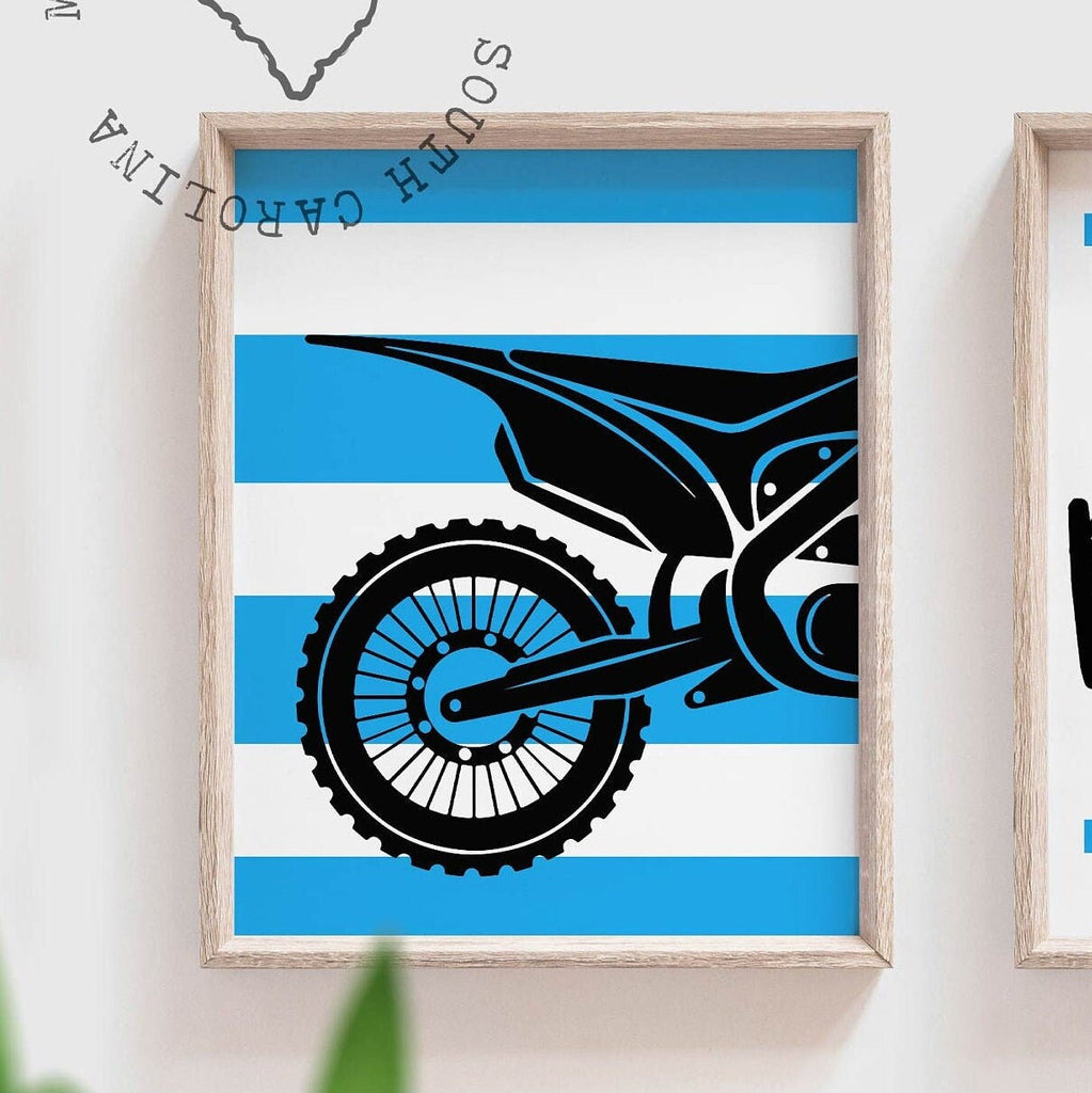 Motocross home decor children, dirt bike toddler art prints, motocross themed room ideas, personalized kid's name, blue black sport bike art
