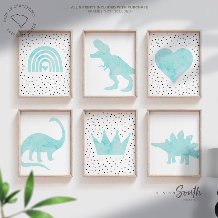 Girl dinosaurs hearts rainbows, girl aqua dinosaur themed nursery, girl dinosaur bedroom wall art, aqua dinosaurs, 6 girly dinosaur prints