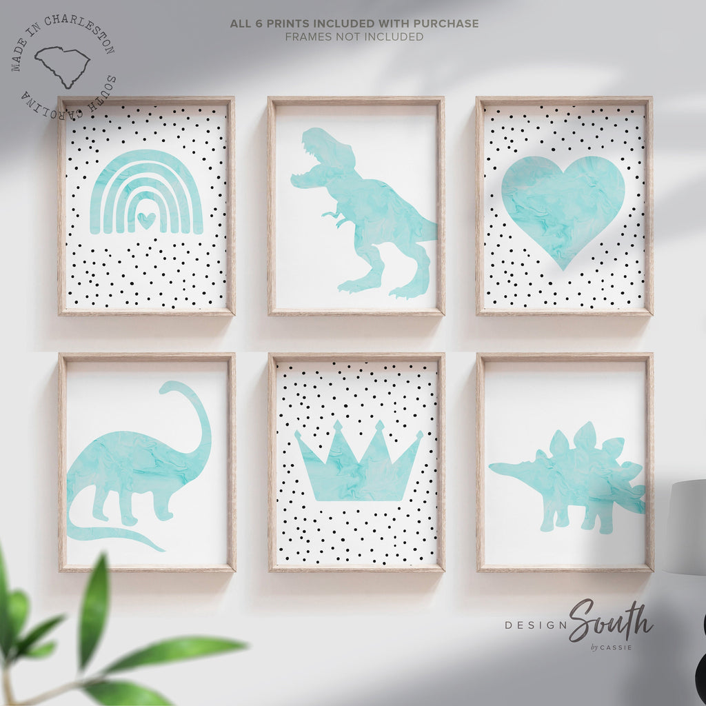 Girl dinosaurs hearts rainbows, girl aqua dinosaur themed nursery, girl dinosaur bedroom wall art, aqua dinosaurs, 6 girly dinosaur prints
