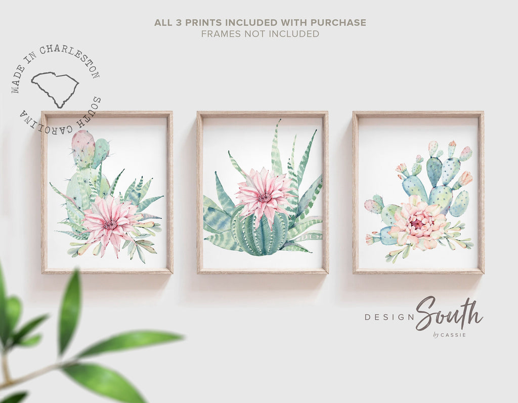 Prints for girls, succulent nursery decor, pink and mint baby girl wall art, cactus blooms theme nursery, desert succulent baby shower gift