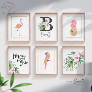 Welcome to my crib print art set, above crib tropical wall, flamingo nursery decor, baby room decor, newborn flamingo nursery pink and gold