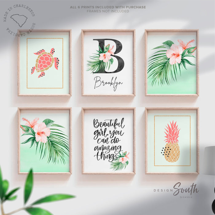 Mint green and coral nursery, mint gold coral girl's room wall art, little girl tropical decor, beautiful girl you can do amazing things art