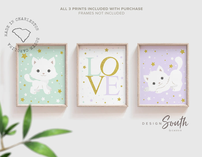 Kitty cat wall art, mint lilac purple gold, cute kitty print, girl cat decor, kitty nursery art, cat girls bedroom art, baby girl kitten art