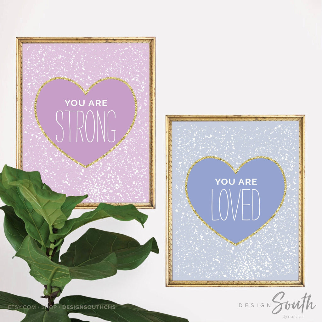 Pink purple and blue girls room decor, wall art for girls heart themed print, set of 3 girls art prints, you are smart strong loved wall art