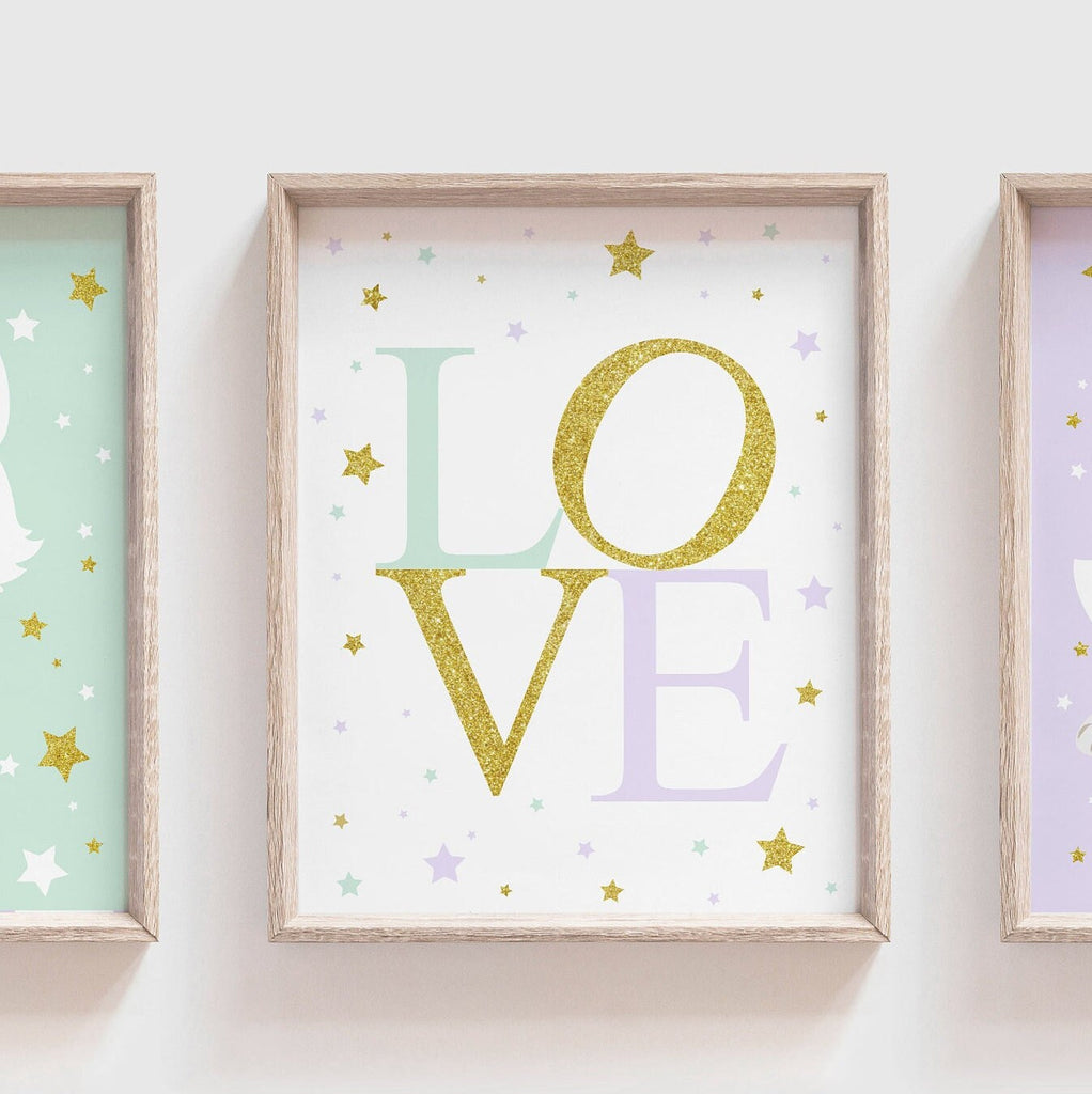 Kitty cat wall art, mint lilac purple gold, cute kitty print, girl cat decor, kitty nursery art, cat girls bedroom art, baby girl kitten art