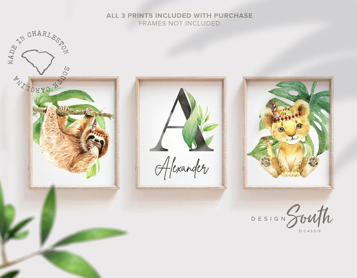 Sloth bedroom wall pictures, nursery decor tropical gender neutral, kid room animals palm leaves, monogram personalized name decor, kid gift