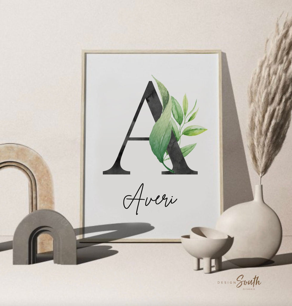 Sloth bedroom wall pictures, nursery decor tropical gender neutral, kid room animals palm leaves, monogram personalized name decor, kid gift