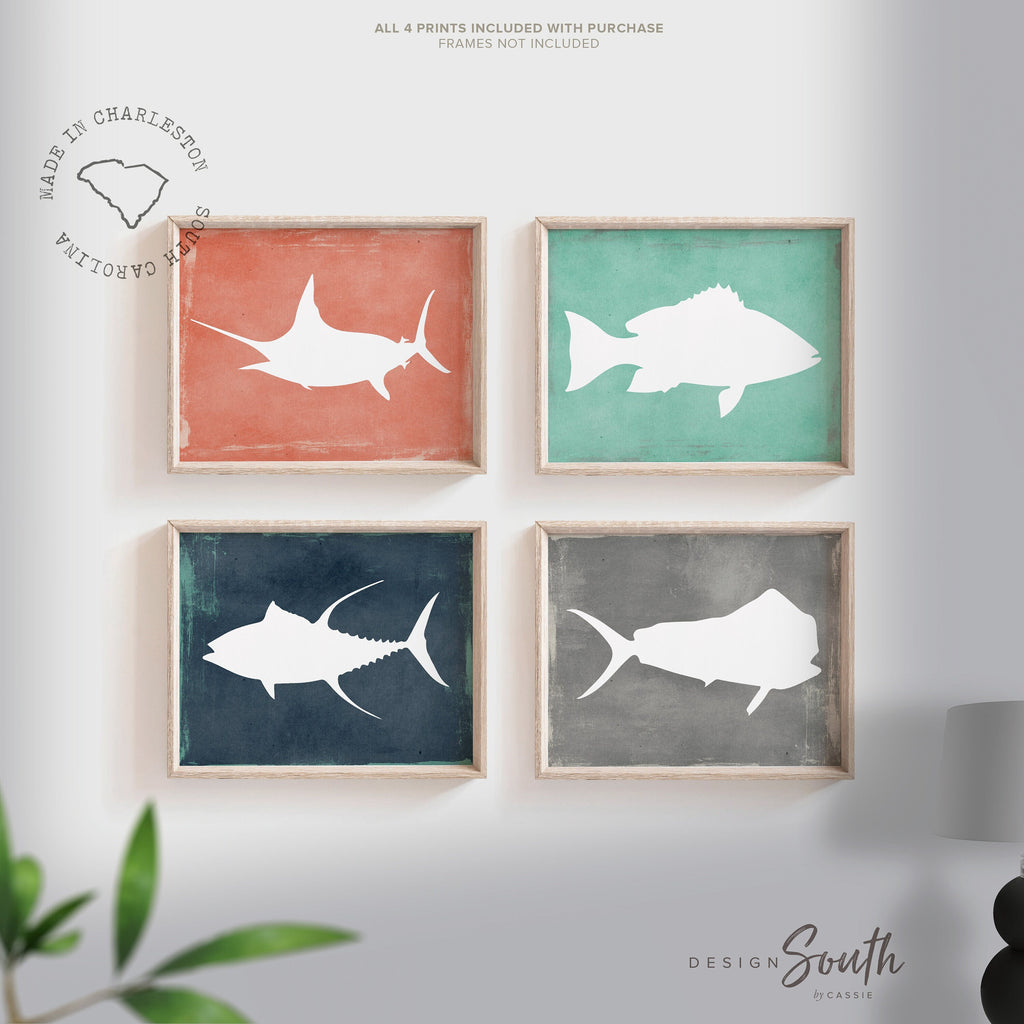 Nautical room decor, saltwater deep sea fish poster print set, fishing theme bedroom wall art, saltwater fish nursery, fish theme blue gray