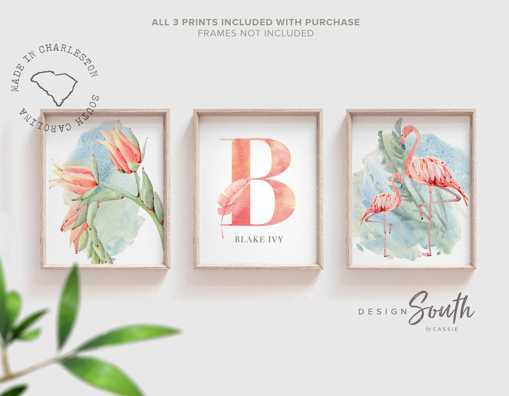 Pink flamingo nursery wall art, jungle theme baby girl decor, fan palm tropical nursery print set, flamingo personalized baby art tropical
